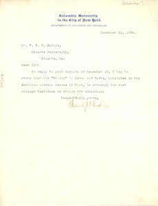 Letter from Frederick J.E. Woodridge to W. E. B. Du Bois