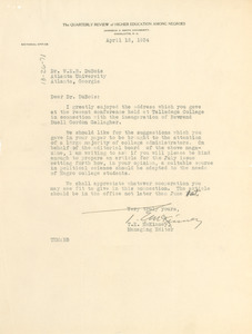 Letter from Quarterly Review of Higher Education Among Negroes to W. E. B. Du Bois