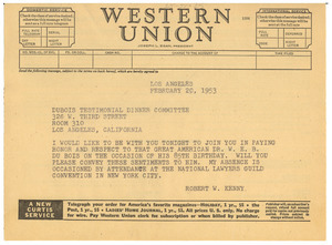 Telegram from Robert W. Kenny to W. E. B. Du Bois Testimonial Dinner Committee
