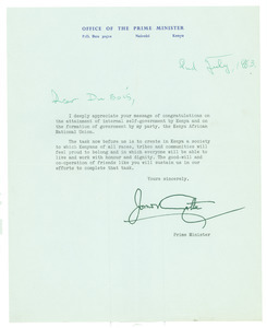 Letter from Jomo Kenyatta to W. E. B. Du Bois