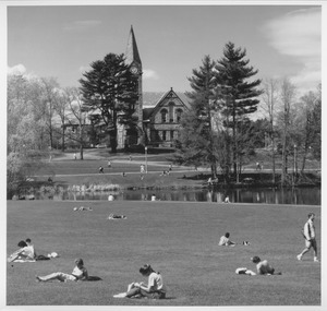 View of Campus pond, Old Chapel and 1878 Class Tree