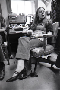 Bernadette Devlin McAliskey talking to reporters in the WBCN production room