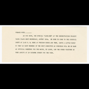 Note to host committee about the cocktail party and special tour of the Roxbury Work and Study Project houses on August 12, 1964