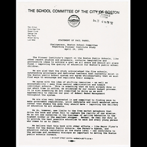 Statement of Paul Parks, Chairperson, Boston School Committee regarding Pioneer Institute study, April 29, 1992