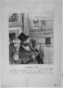 Le bourgois au salon. Voyons donc un peu.... qu'est ce que c'est que ça?.... (lisant dans son livret) "n° 387. portrait de Mr. B*** agent de change".... tiens ... tiens!... ah! que j'suis bête.... c'est 386 qu'est le portrait de Mr. B***, celui ci c'est le portrait d'un taureau par Mr. Brascassat..... j'disais aussi.... ct'idée de s'faire peindre avec des cornes si grandes que ça.... après ça ces agens de change ça ne se refuse rien.