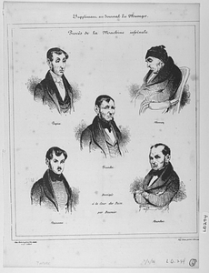 Procès de la machine Fieschi Pepin - Morey - Fieschi - Boireau - Bescher. Dessinés à la Cour des Pairs, par Daumier.