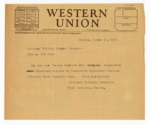 Telegram from Citizens National Committee for Sacco and Vanzetti to William Schuyler Jackson, August 16, 1927