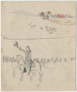 Drawings of farmhouses, sailboats and man on horse