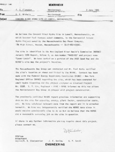 Memo to J.J. Flanagan from D.E. Nichols regarding Concord River Hydro Site at Lowell, Massachusetts