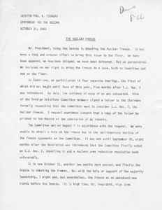 Senator Paul E. Tsongas' statement for the record on The Nuclear Freeze
