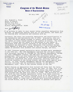 Letter from Thomas P. O'Neill, Jr., The Speaker, Congress of the United States House of Representatives to Mayor Raymond L. Flynn