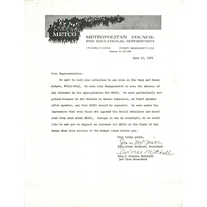 Letter, Massachusetts state representatives, June 15, 1973.