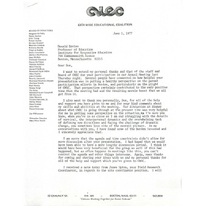 Letter, Institute for Responsive Education, June 1, 1977.