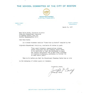 Letter to Citywide Educational Coalition from the School Committee, March 30, 1977.
