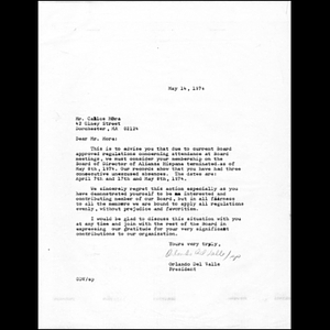 Letter from Orlando del Valle to Carlos Mora.