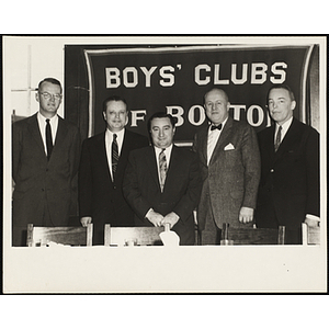 From left to right, John Cooper, an unidentified man, Arthur T. Burger, Senator John E. Powers, and Loren C. White, at a Boys' Clubs of Boston awards event