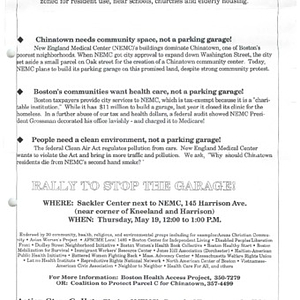 Parcel C rally fliers, advocating a stop to the proposed garage by the New England Medical Center