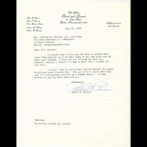 Letter from Peter W. Princi to Mrs. George Bailey about the Melnea Cass testimonial