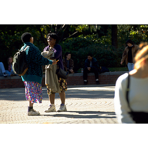 Two students chat in the library quadrangle