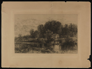 [Landscape of farm buildings and pond]