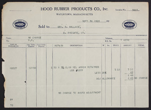 Billhead for the Hood Rubber Products Co., Inc., Watertown, Mass., dated September 30, 1921