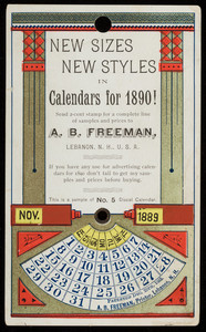 Trade card for A.B. Freeman, advertising calendars, A.B. Freeman, Lebanon, New Hampshire, November 1889