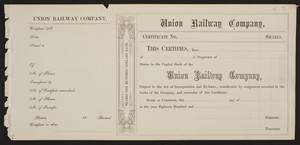 Stock certificate for the Union Railway Company, Cambridge, Mass., 1800-1899