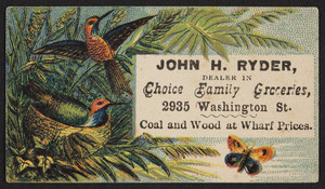 Trade card for John H. Ryder, dealer in choice family groceries, 2935 Washington Street, Boston, Mass., undated