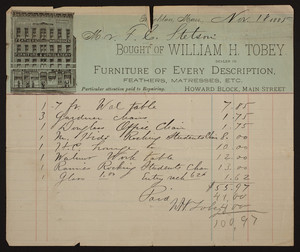 Billhead for William H. Tobey, dealer in furniture of every description, feathers, mattresses, etc., Howard Block, Main Street, Brockton, Mass., dated November 18, 1885