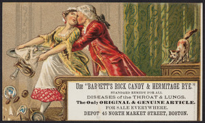 Trade card for Barrett's Rock Candy & Hermitage Rye, Depot, 45 North Market Street, Boston, Mass., 1877