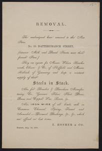 Handbill for Z. Hosmer & Co., steel agent, No. 33 Batterymarch Street, Boston, Mass., August 12, 1858