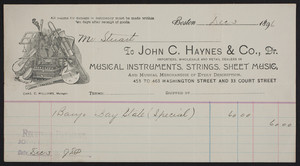 Billhead for John C. Haynes & Co., Dr., musical instruments, strings, sheet music, 453 to 463 Washington Street and 33 Court Street, Boston, Mass., dated December 3, 1896