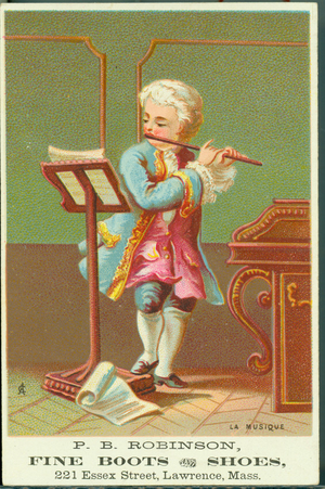 Trade card for P.B. Robinson fine boots and shoes, Lawrence, Mass., undated