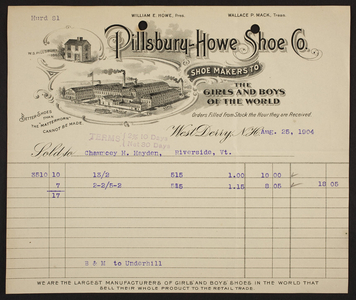 Billhead for the Pillsbury-Howe Shoe Co., shoe makers to the girls and boys of the world, West Derry, New Hampshire, dated August 25, 1904