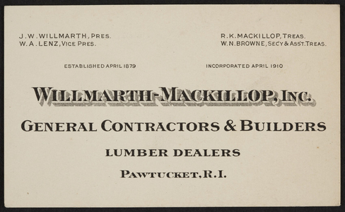 Trade card for Willmarth-Mackillop, Inc., general contractors & builders, Pawtucket, Rhode Island, undated