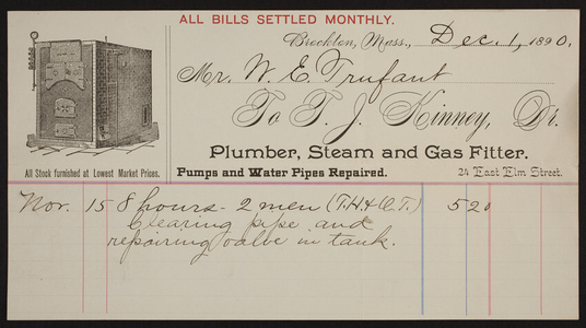 Billhead for T.J. Kinney, Dr., plumber, steam and gas fitter, 24 East Elm Street, Brockton, Mass., dated December 1, 1890
