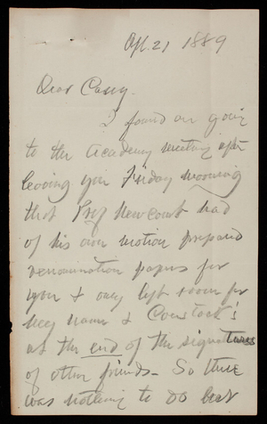 [Henry] L. Abbot to Thomas Lincoln Casey, April 21, 1889