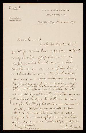 [Cyrus] B. Comstock to Thomas Lincoln Casey, December 22, 1890