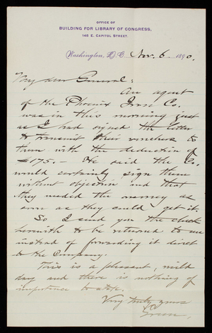 [Bernard] R. Green to Thomas Lincoln Casey, November 6, 1890