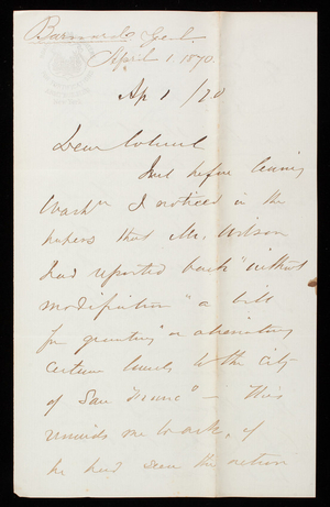 [John G.] Barnard to Thomas Lincoln Casey, April 1, 1870