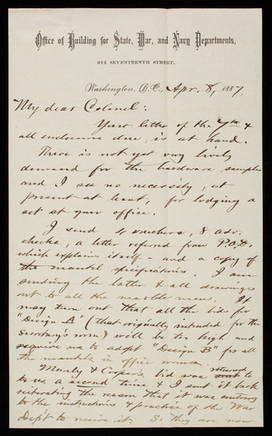 Bernard R. Green to Thomas Lincoln Casey, April 8, 1887