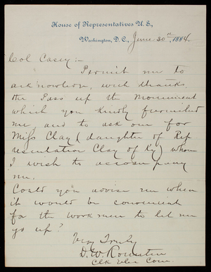D. W. Rounters to Thomas Lincoln Casey, June 30, 1884