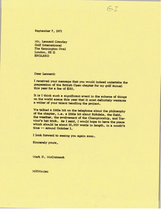 Letter from Mark H. McCormack to Leonard Crawley
