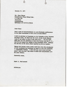 Letter from Mark H. McCormack to Gary Player