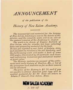 Announcement of the publication of the history of New Salem Academy.