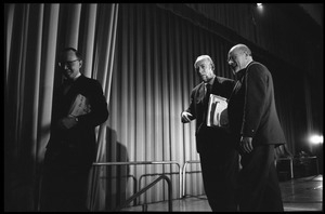 Arthur M. Schlesinger, Jr., Hans J. Morgenthau, and Isaac Deutscher (from left) on stage their panel discussion at the National Teach-in on the Vietnam War