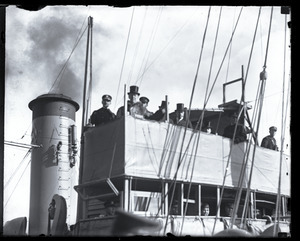 Woodrow Wilson's return from the Paris Peace Conference: Wilson on deck of the Coast Guard cutter Ossipee, approaching Commonwealth Pier in South Boston