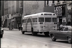 Free Spirit Press bus parked on Springfield street