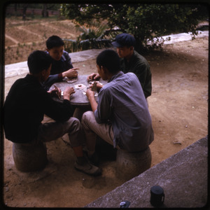 Teenagers playing cards in the street