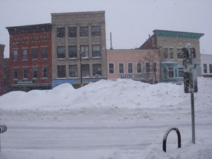 Massive snow banks in the middle of Main Street, Northampton, Mass.